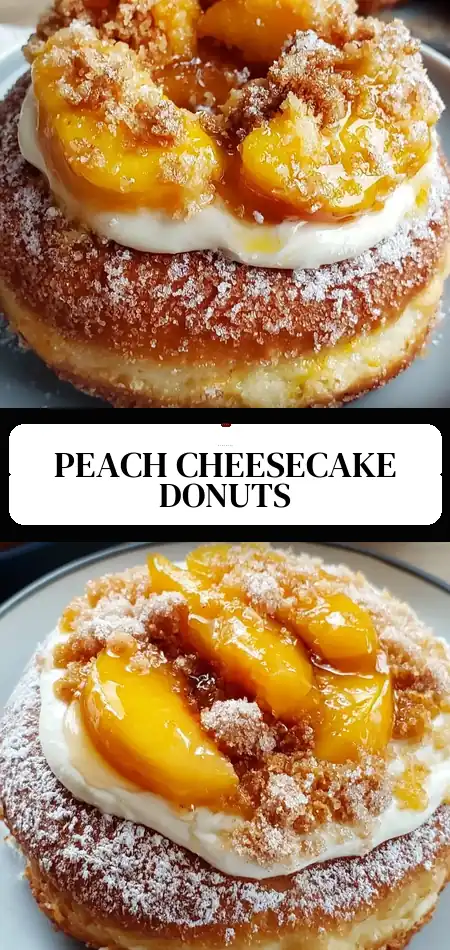Pinterest pin (Design 3) for Peach Cobbler Cheesecake Donuts