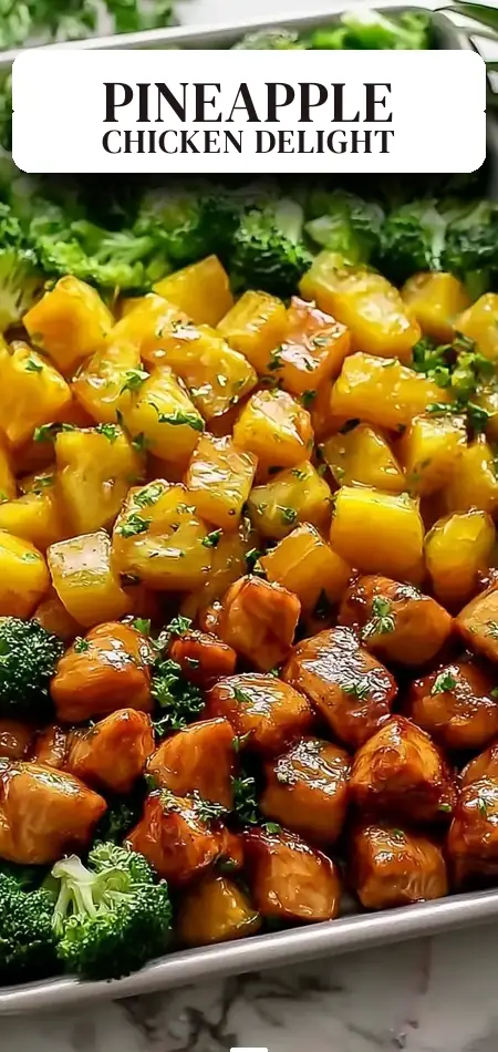 Pinterest pin (Design 2) for Sweet Sheet Pan Pineapple Chicken and Broccoli - thegirlskitchen