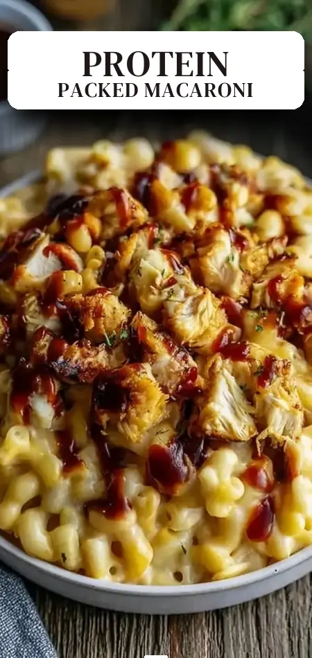 Pinterest pin (Design 2) for High Protein Honey BBQ Chicken Mac and Cheese
