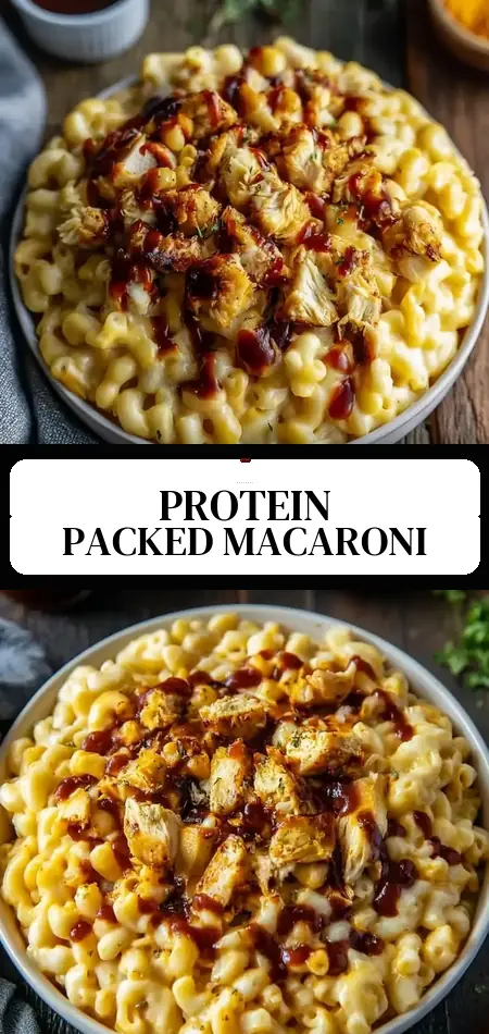Pinterest pin (Design 3) for High Protein Honey BBQ Chicken Mac and Cheese