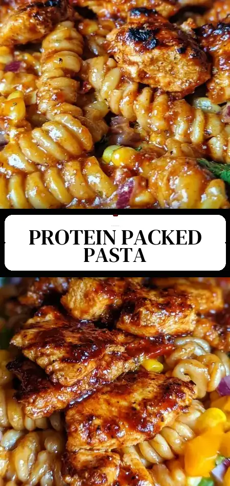 Pinterest pin (Design 3) for High Protein BBQ Chicken Pasta Salad