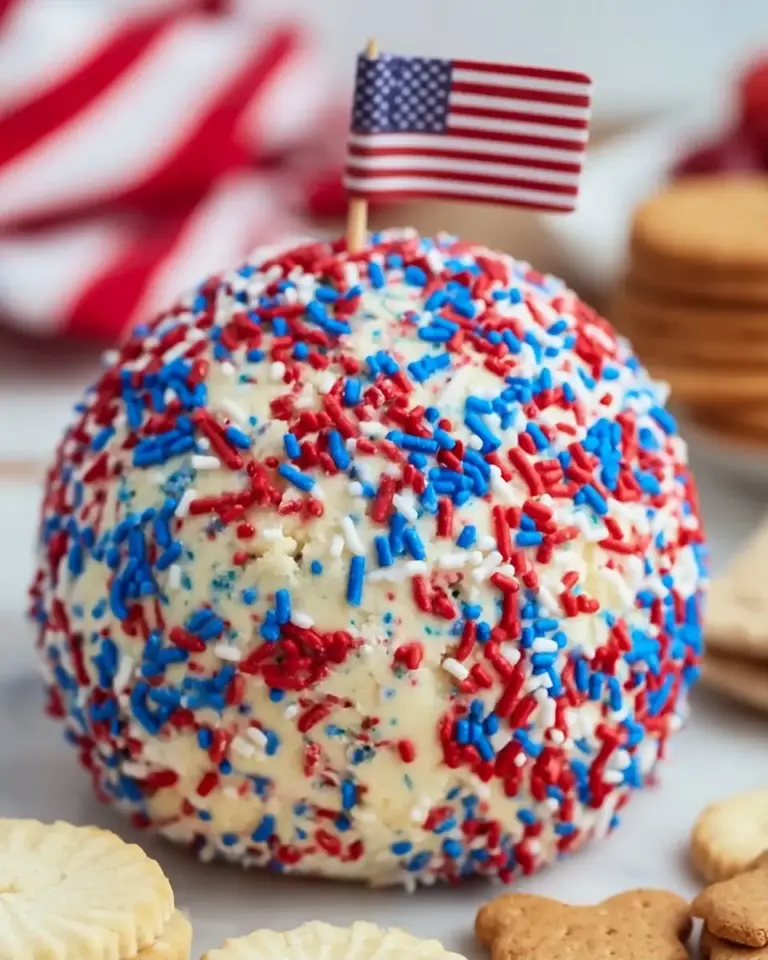 A delicious plate of Patriotic Funfetti Cake Mix Cheese Ball