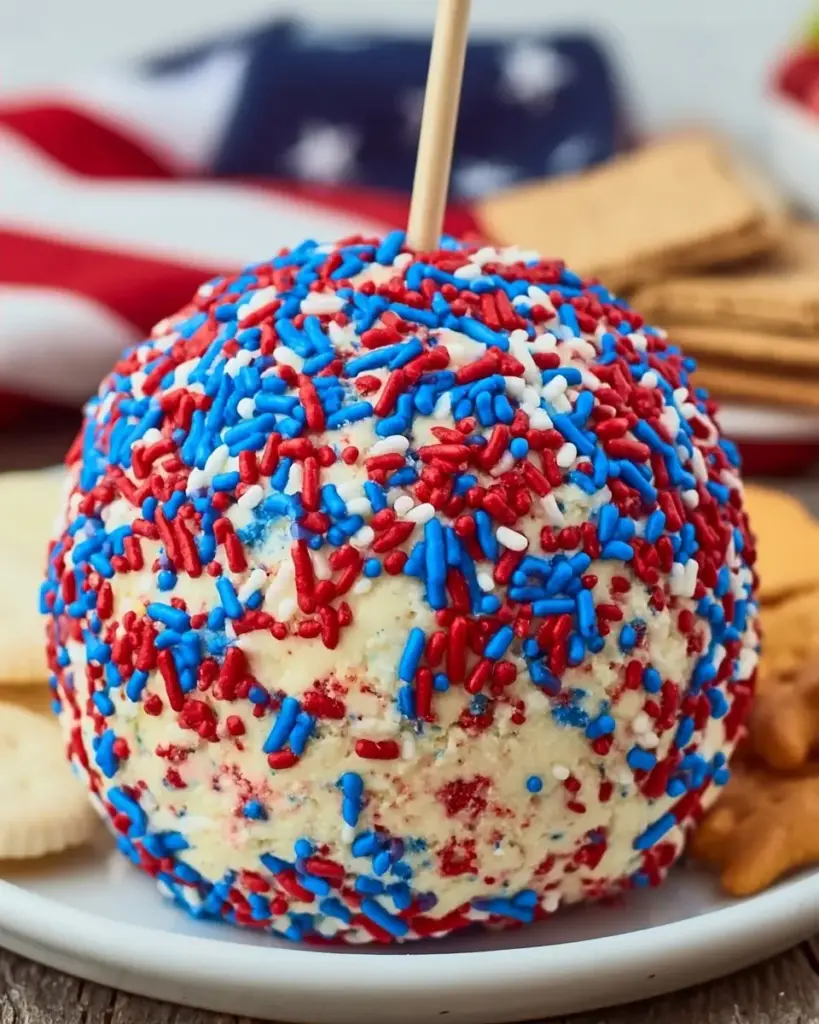 A delicious plate of Patriotic Funfetti Cake Mix Cheese Ball