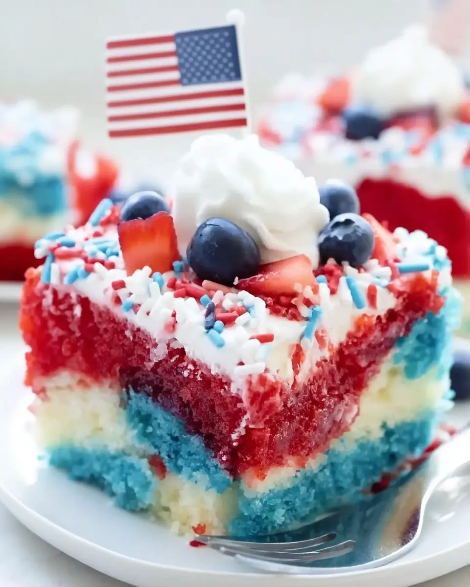 A delicious plate of Patriotic Poke Cake