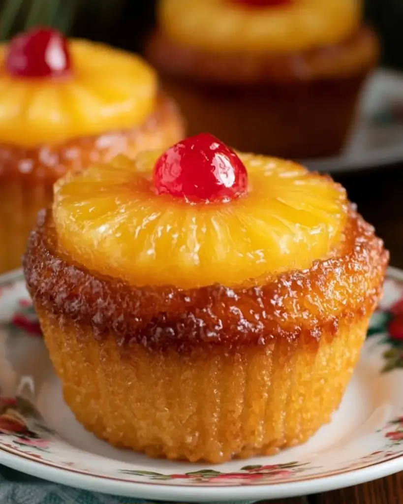 A delicious plate of Pineapple Upside Down Cupcakes