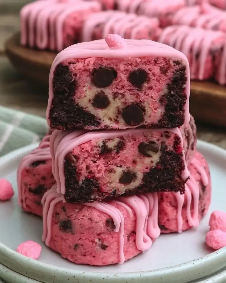 A delicious plate of Pink Cookie Dough Brownie Bites