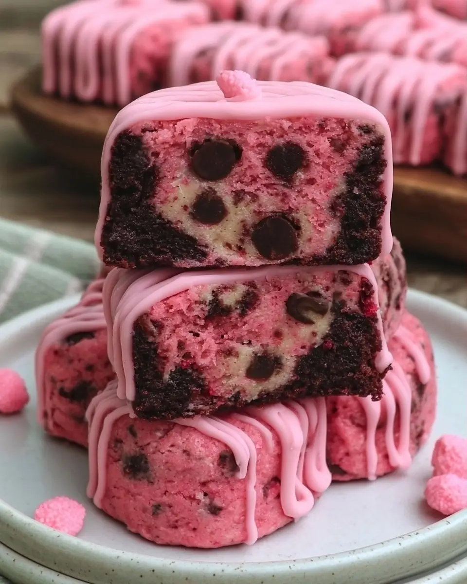A delicious plate of Pink Cookie Dough Brownie Bites