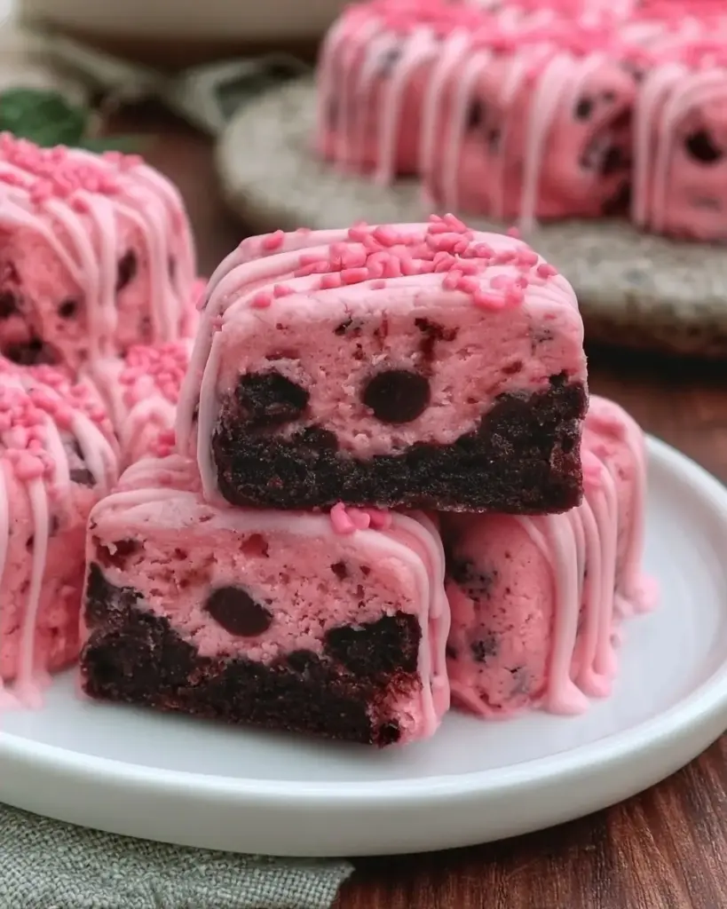A delicious plate of Pink Cookie Dough Brownie Bites
