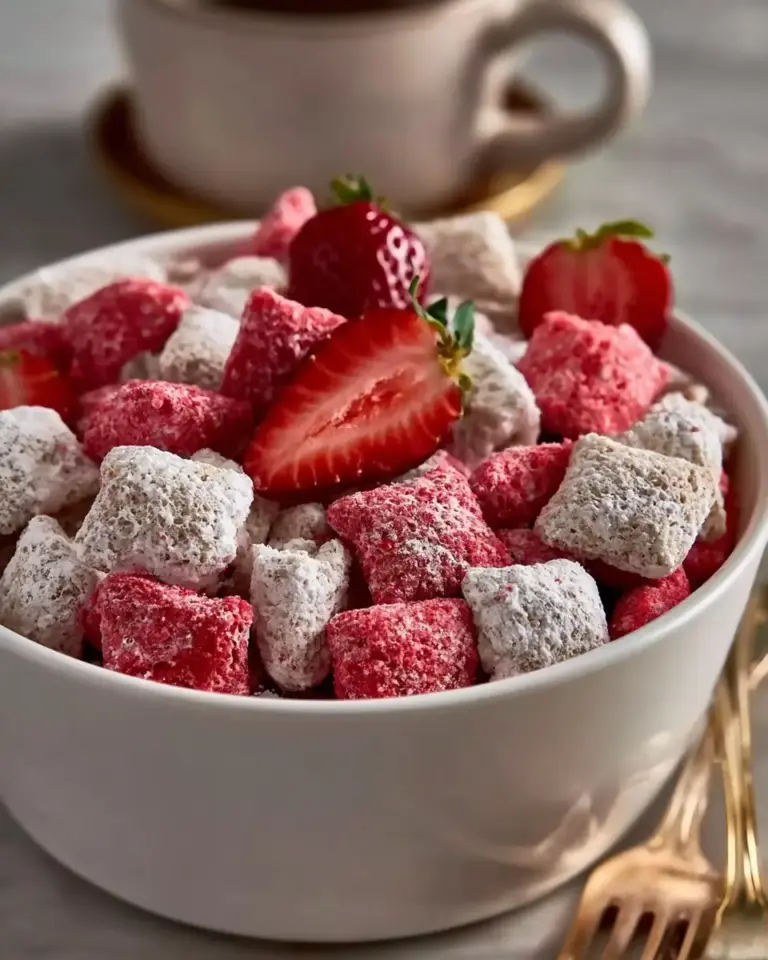 A delicious plate of Quick Strawberry Shortcake Puppy Chow