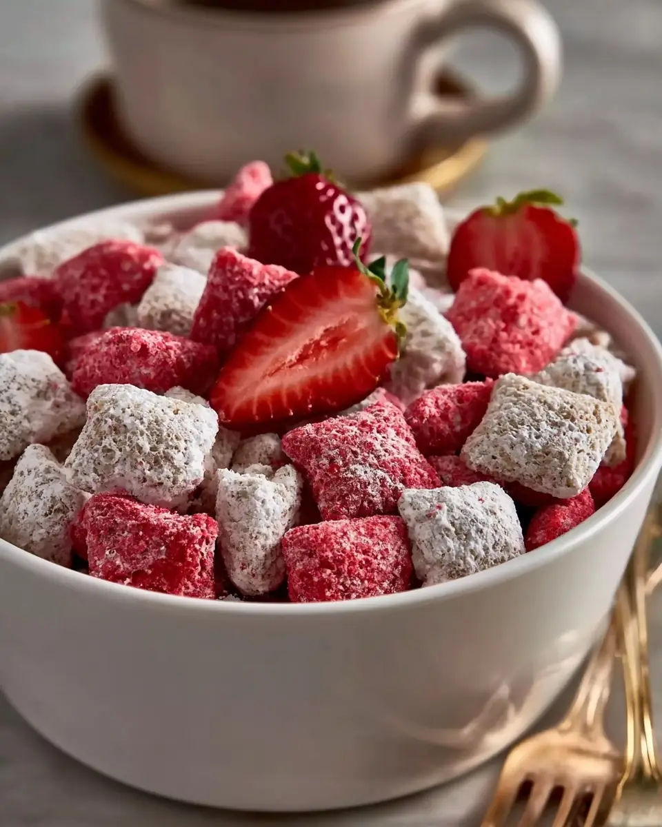 A delicious plate of Quick Strawberry Shortcake Puppy Chow