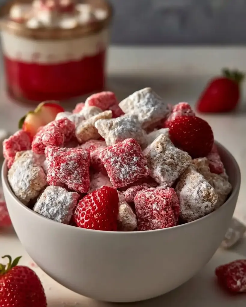 A delicious plate of Quick Strawberry Shortcake Puppy Chow