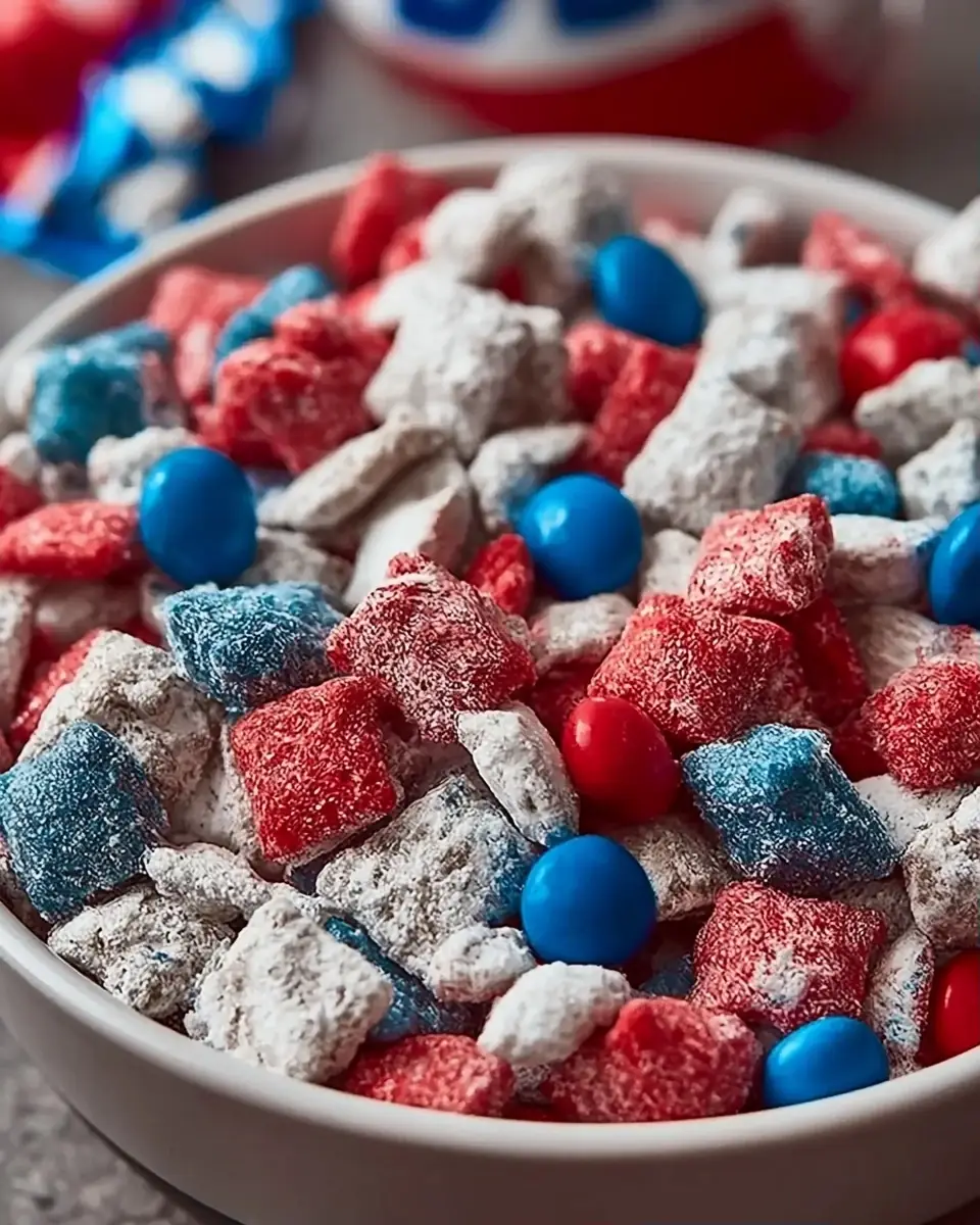 A delicious plate of Red White & Blue Puppy Chow