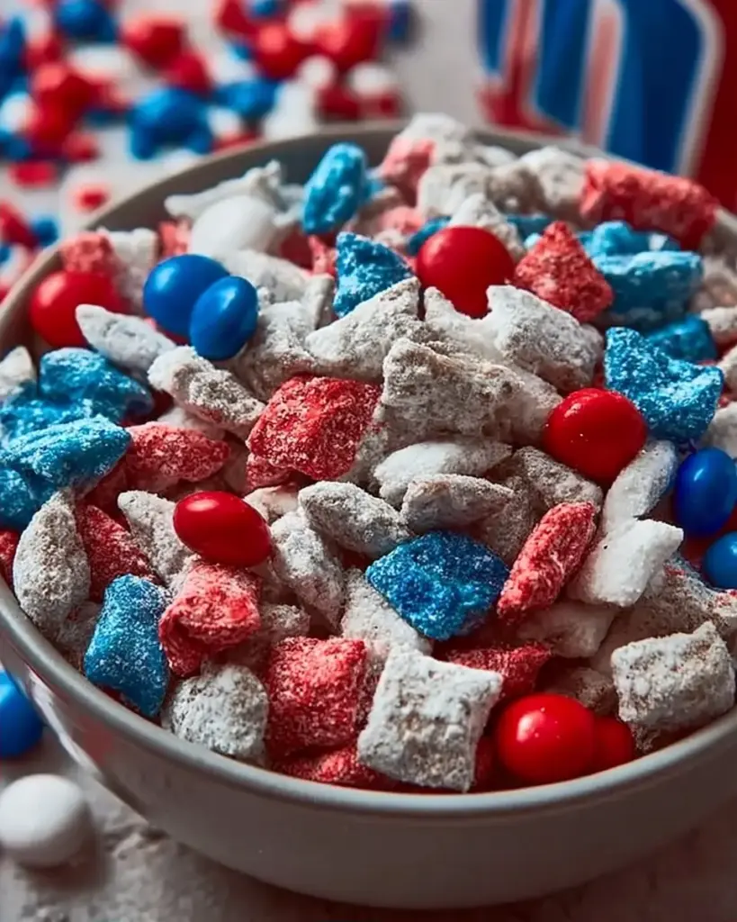 A delicious plate of Red White & Blue Puppy Chow
