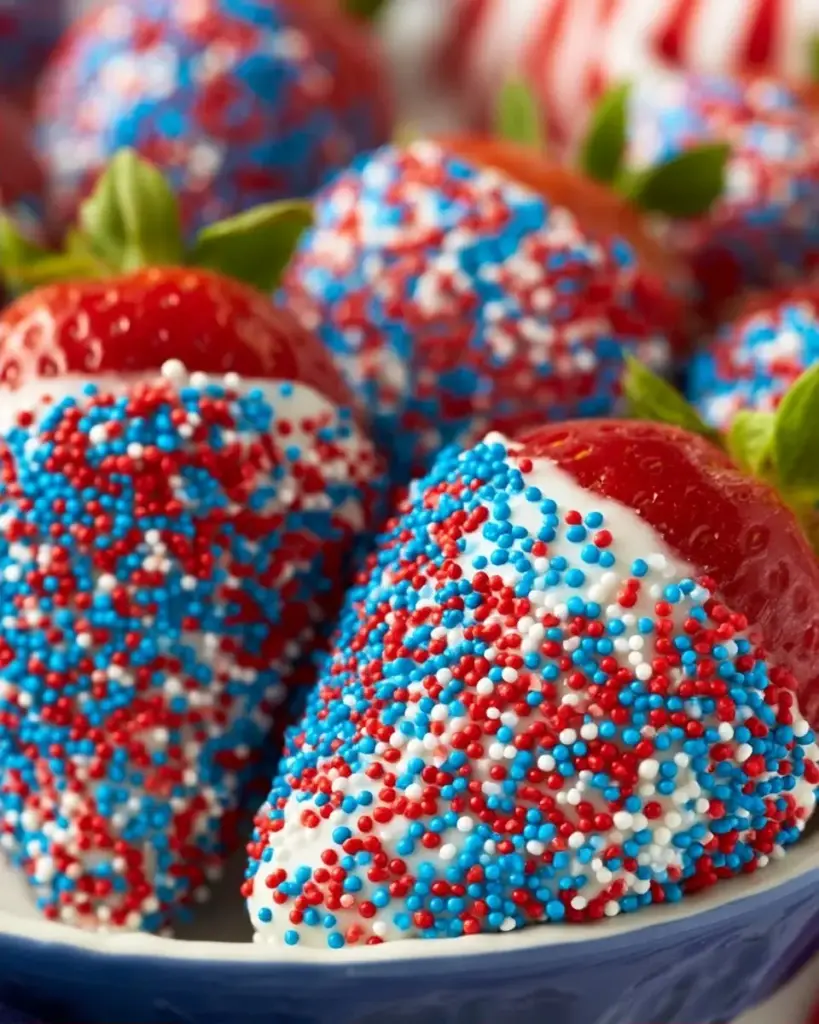 A delicious plate of Red, White, and Blue Strawberries