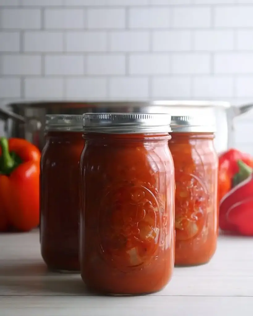 A delicious plate of Roasted Red Pepper Soup (Canning Recipe)