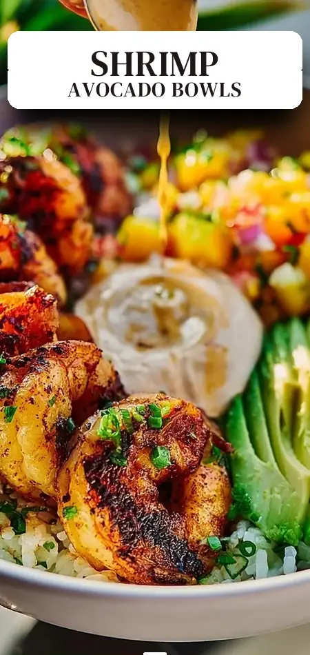 Pinterest pin (Design 2) for Delicious Shrimp and Avocado Bowls with Mango Salsa Recipe