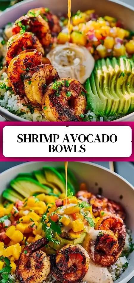 Pinterest pin (Design 3) for Delicious Shrimp and Avocado Bowls with Mango Salsa Recipe