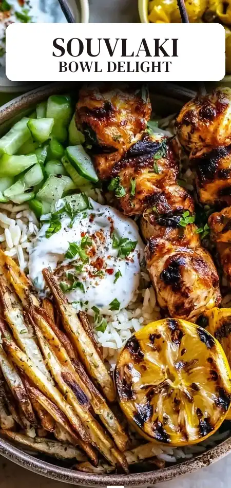 Pinterest pin (Design 2) for Chicken Souvlaki Bowls with Garlic Fries
