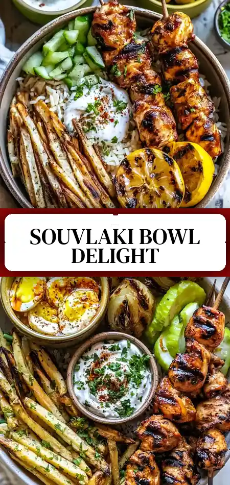 Pinterest pin (Design 3) for Chicken Souvlaki Bowls with Garlic Fries