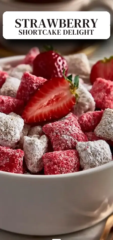 Pinterest pin (Design 2) for Quick Strawberry Shortcake Puppy Chow