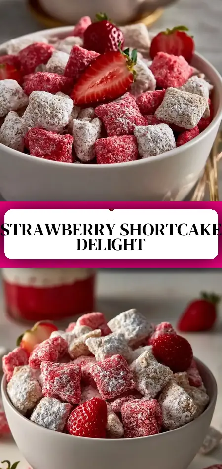 Pinterest pin (Design 3) for Quick Strawberry Shortcake Puppy Chow