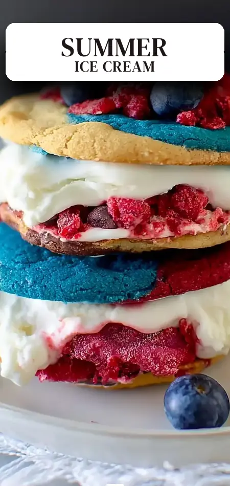 Pinterest pin (Design 2) for Delicious Red, White & Blue Ice Cream Sandwiches for Summer Fun
