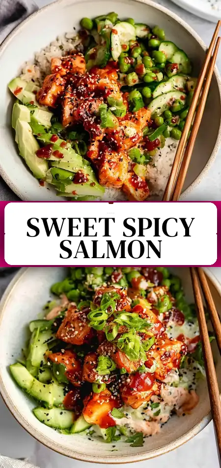 Pinterest pin (Design 3) for Honey Sriracha Salmon Bowls
