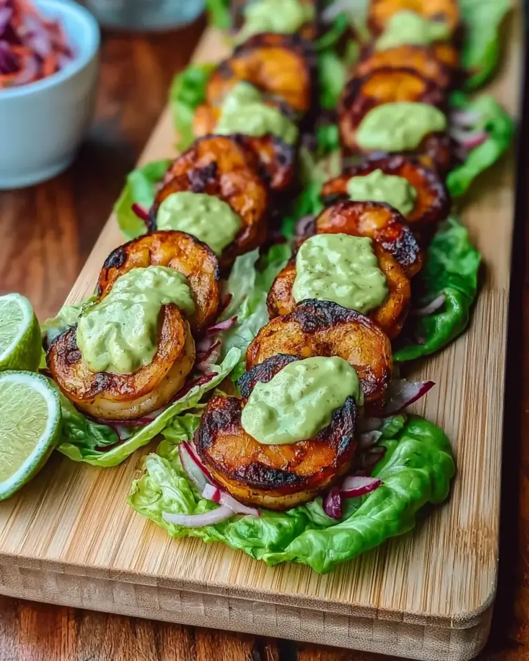 A delicious plate of Sheet Pan Chili-Lime Shrimp Lettuce Wraps with Radish Slaw & Avocado Sriracha Crema