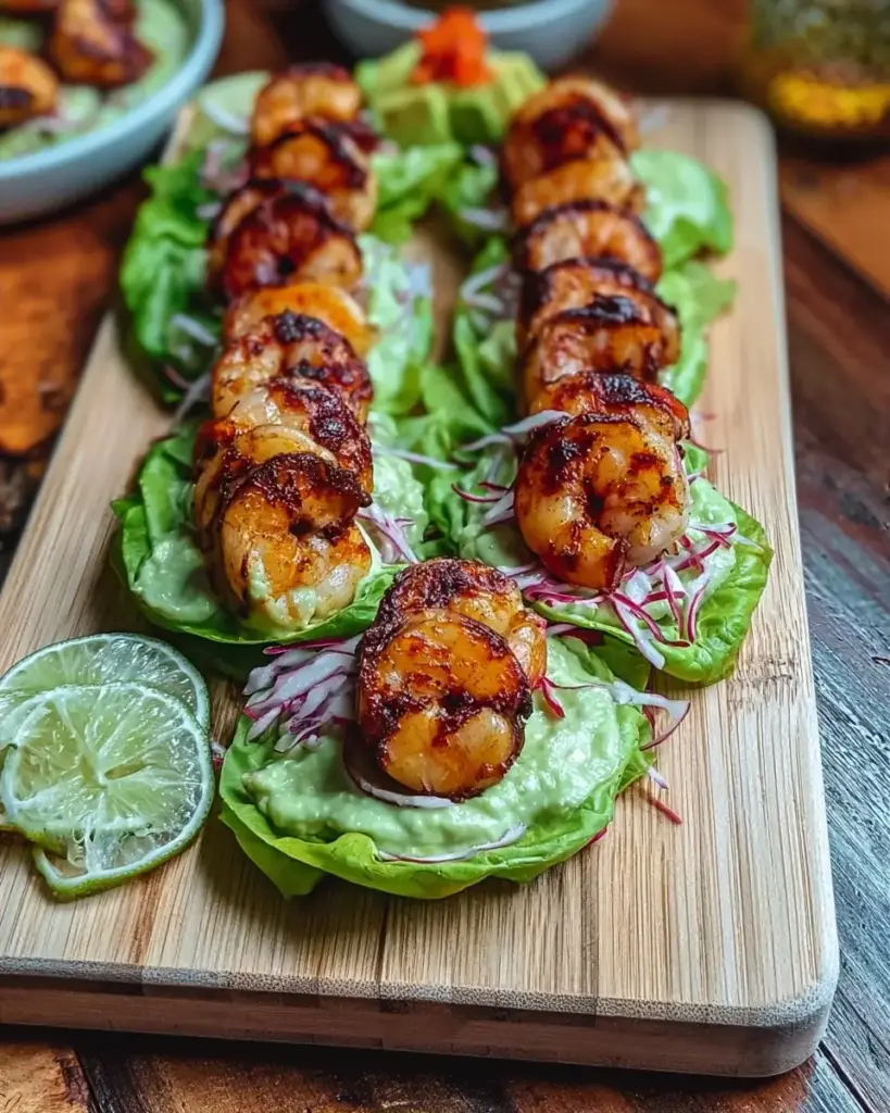 A delicious plate of Sheet Pan Chili-Lime Shrimp Lettuce Wraps with Radish Slaw & Avocado Sriracha Crema