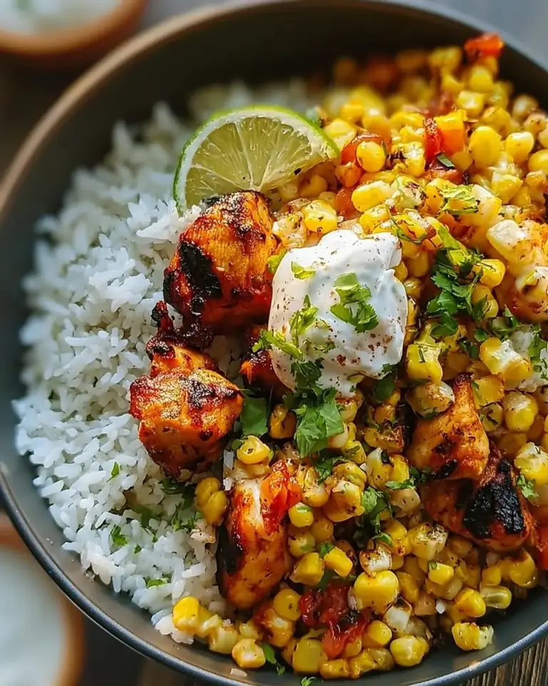 A delicious plate of Street Corn Chicken Rice Bowl Recipe