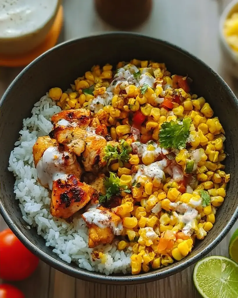 A delicious plate of Street Corn Chicken Rice Bowl Recipe