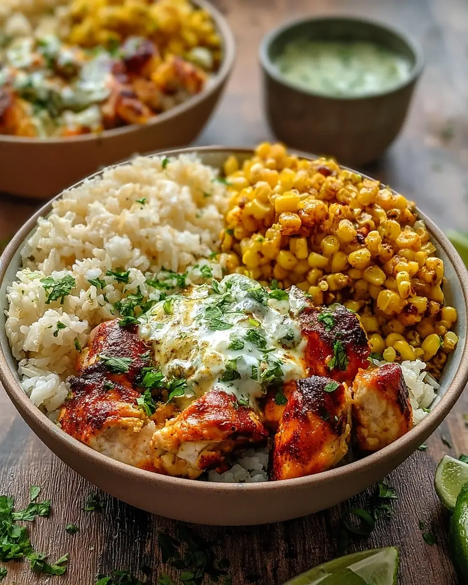 A delicious plate of Street Corn Chicken Rice Bowls