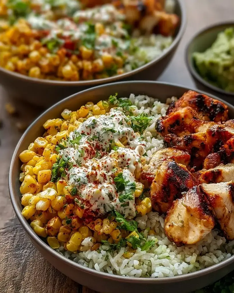 A delicious plate of Street Corn Chicken Rice Bowls