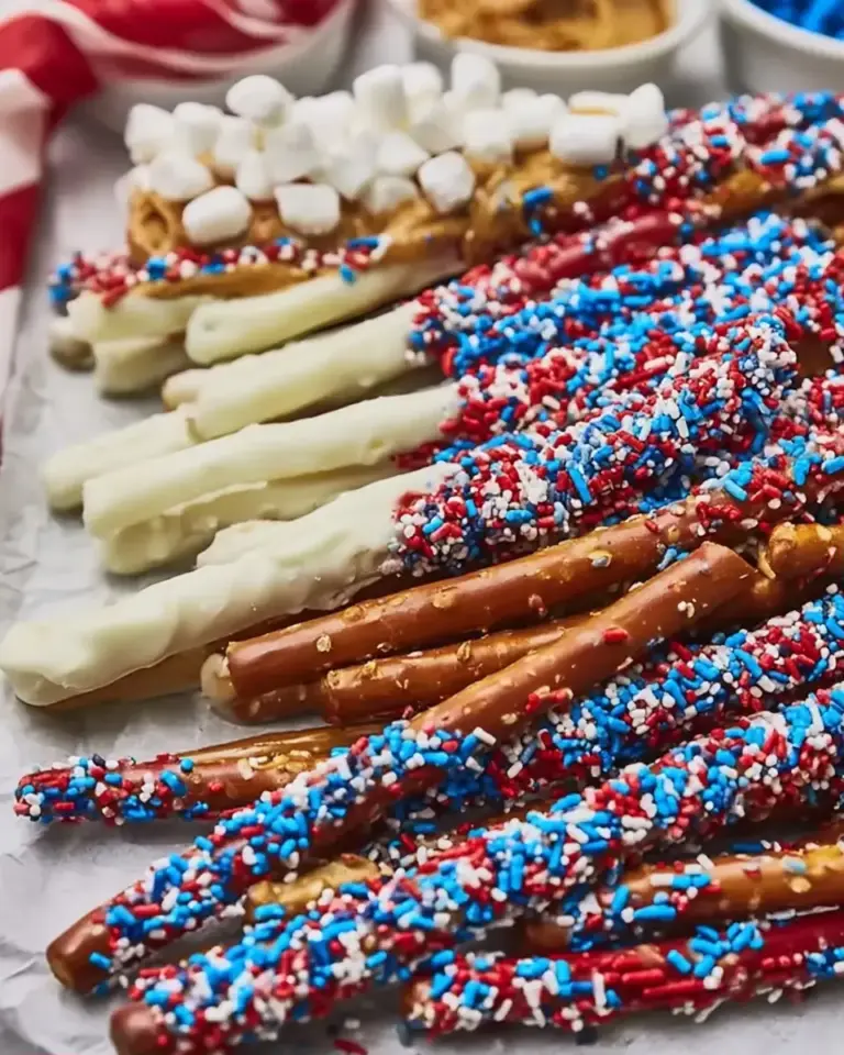 A delicious plate of Sweet and Salty No-Bake Pretzel Rods for a Festive 4th of July