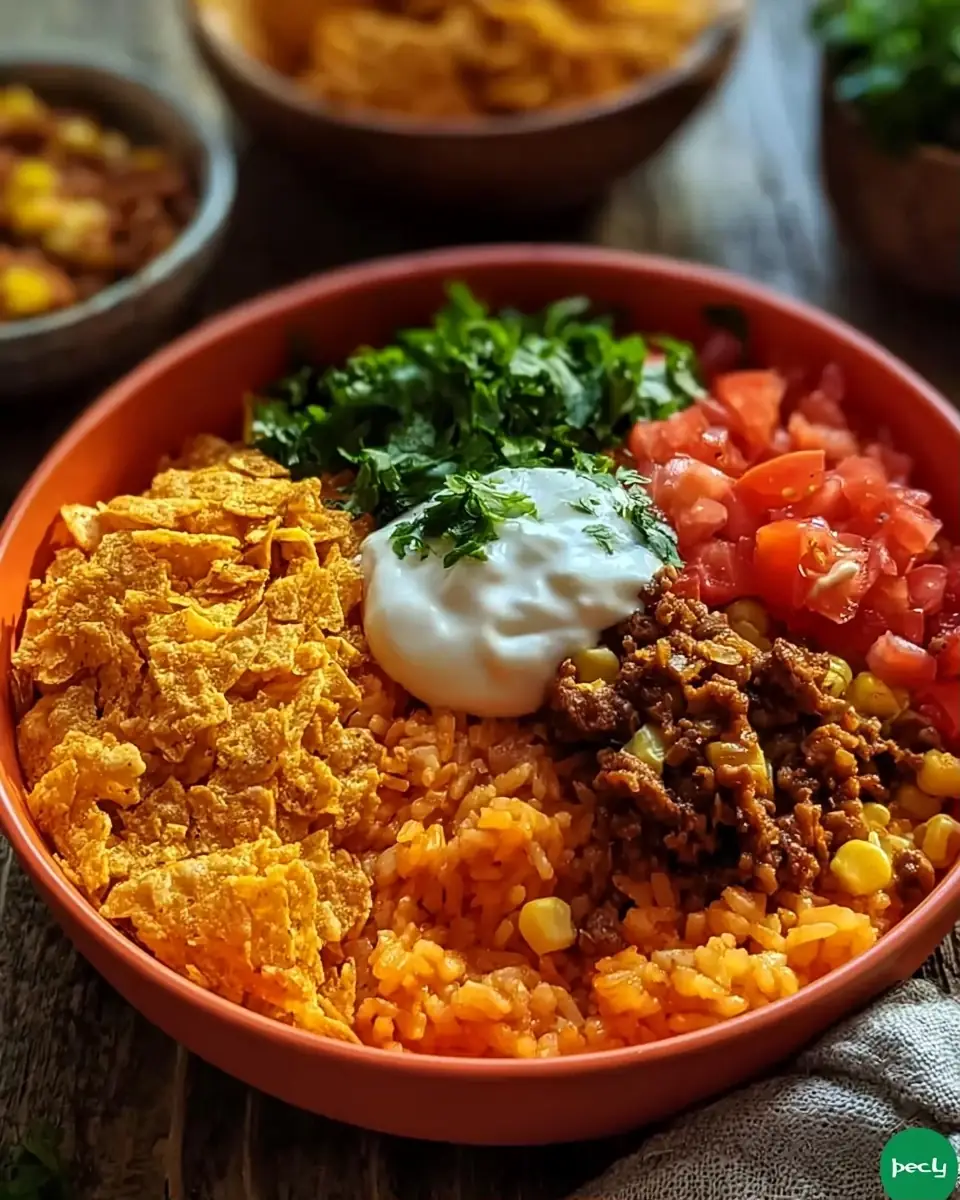 A delicious plate of Taco Rice Bowl with Doritos
