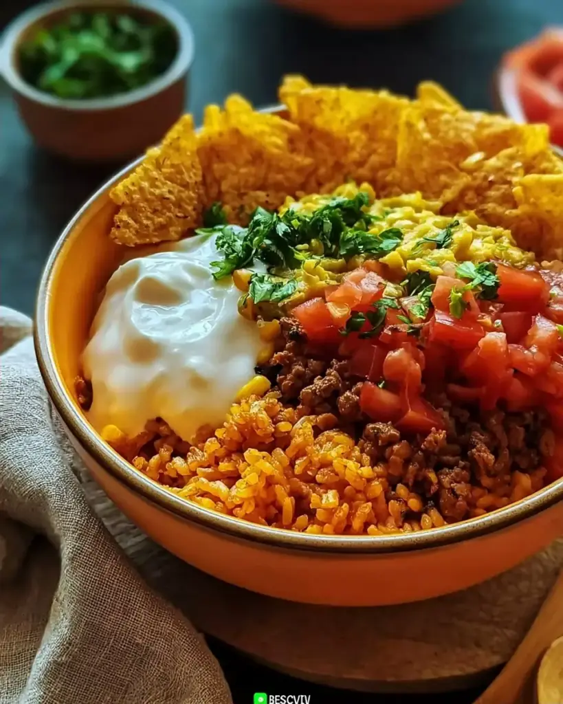 A delicious plate of Taco Rice Bowl with Doritos
