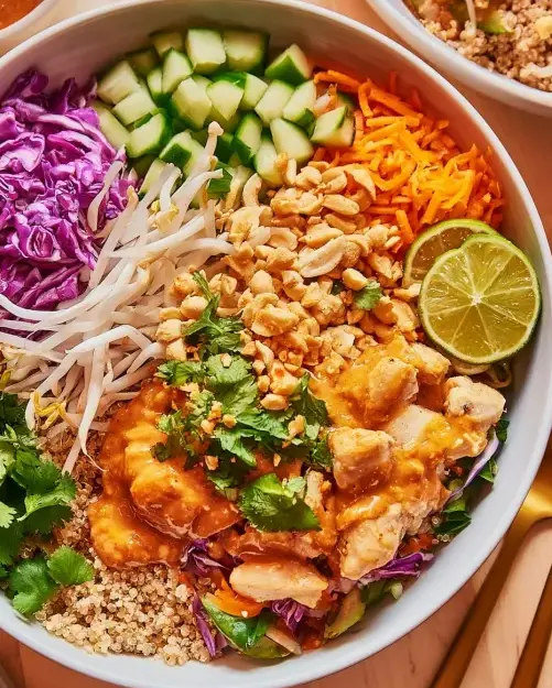 A delicious plate of Thai Chicken Quinoa Buddha Bowls