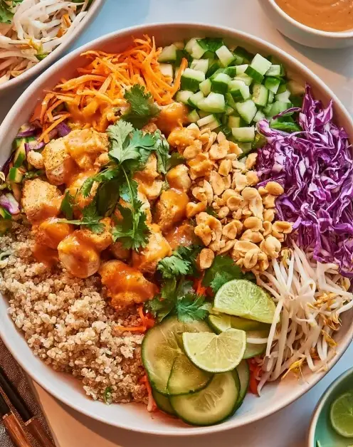 A delicious plate of Thai Chicken Quinoa Buddha Bowls