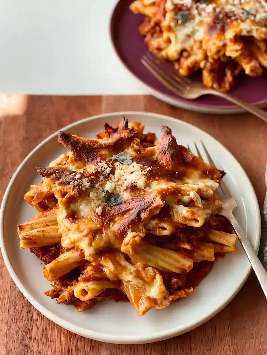 A delicious plate of Beefy Cottage Cheese Baked Ziti - thegirlskitchen