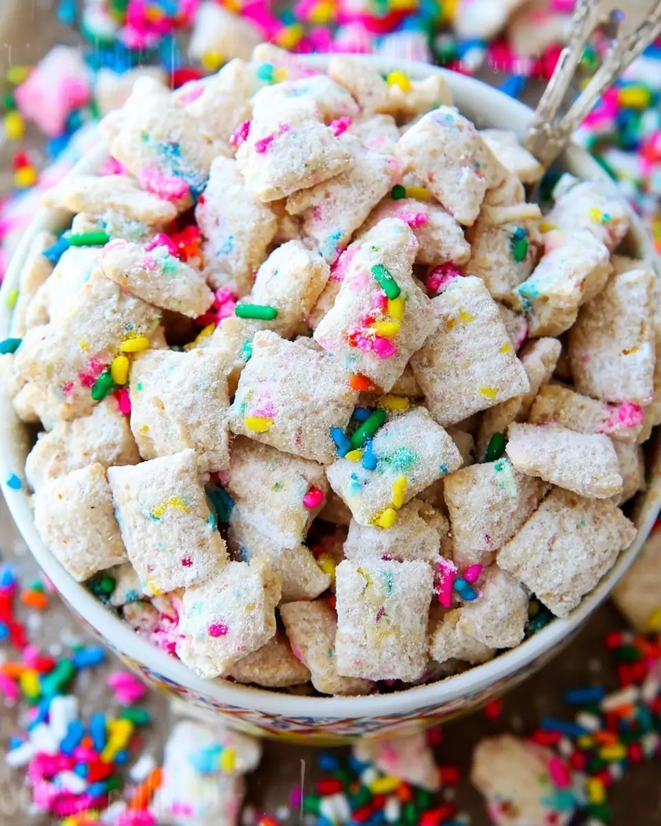 A delicious plate of Cake Batter Puppy Chow