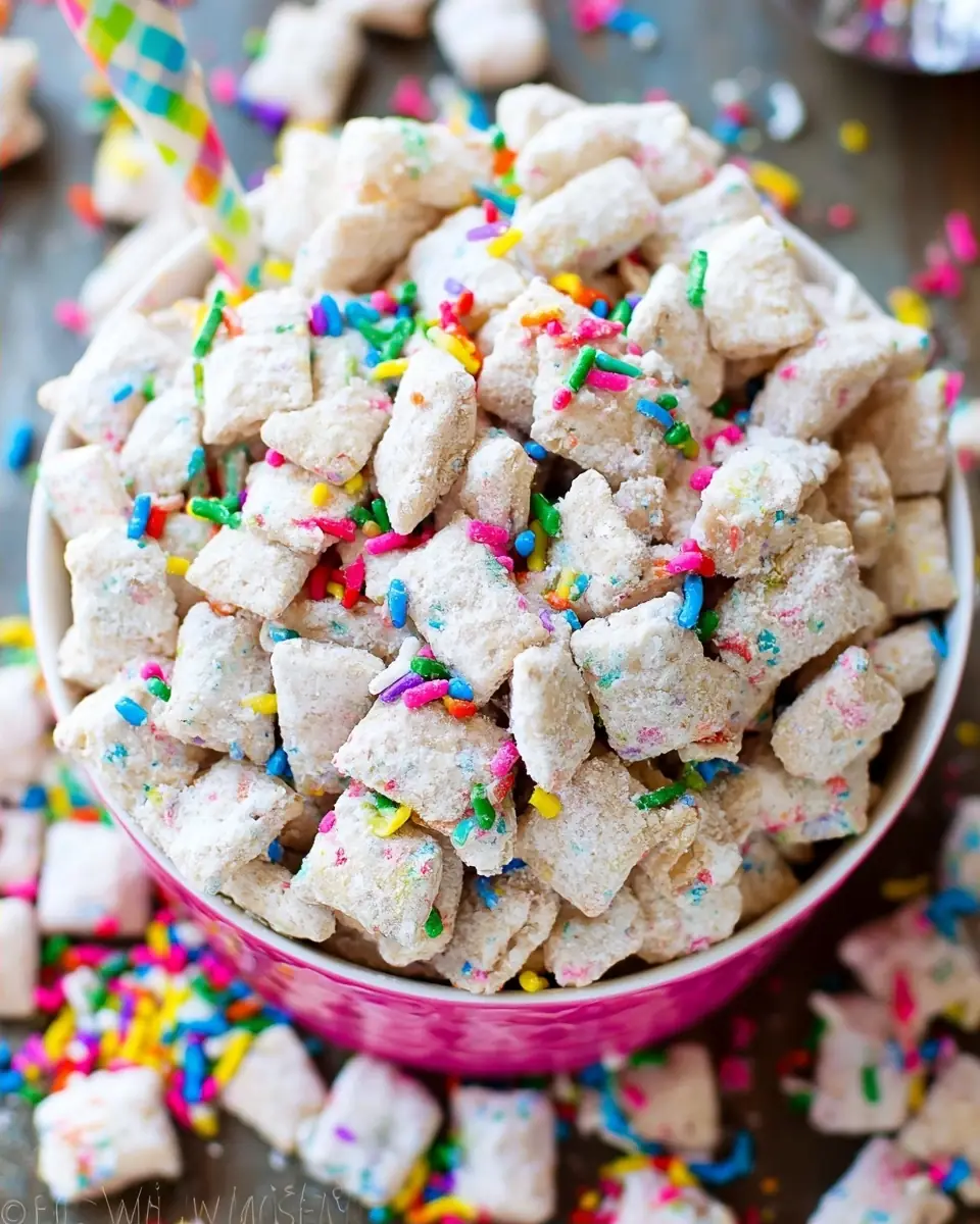 A delicious plate of Cake Batter Puppy Chow
