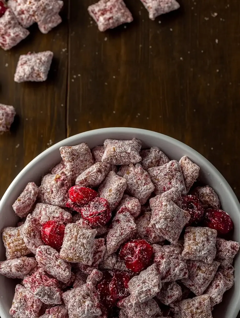 A delicious plate of Cherry Cheesecake Puppy Chow Recipe