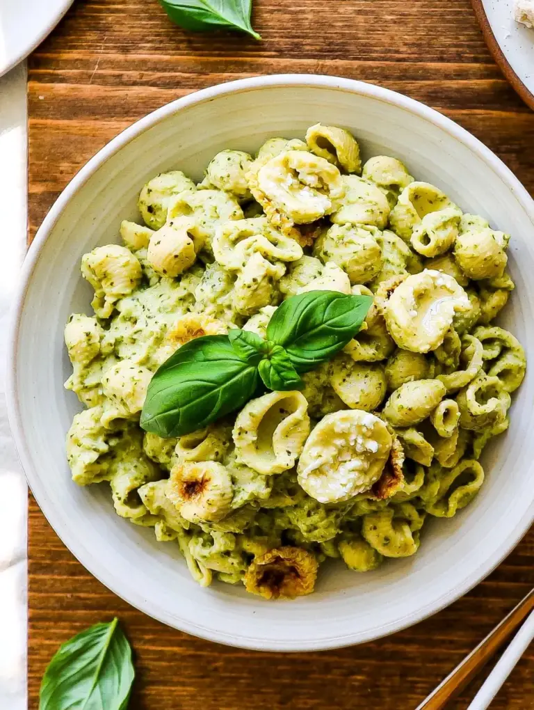A delicious plate of Cottage Cheese Creamy Pesto Pasta