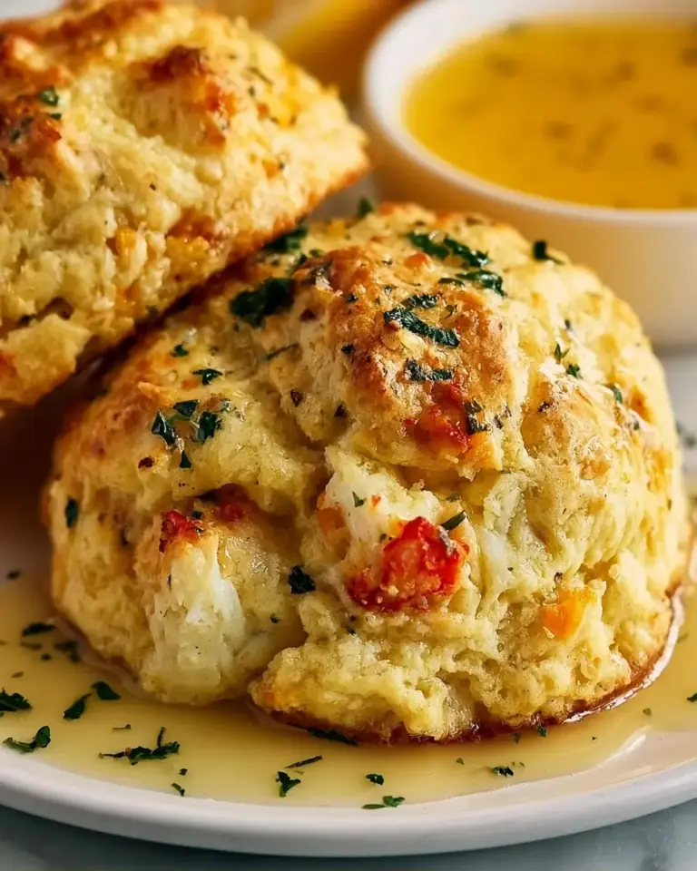 A delicious plate of Crab stuffed cheddar bay biscuit with a lemon butter sauce