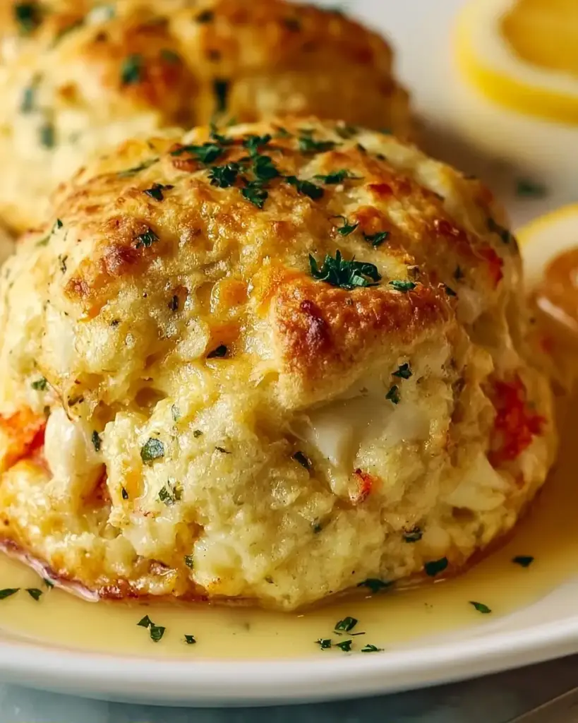 A delicious plate of Crab stuffed cheddar bay biscuit with a lemon butter sauce