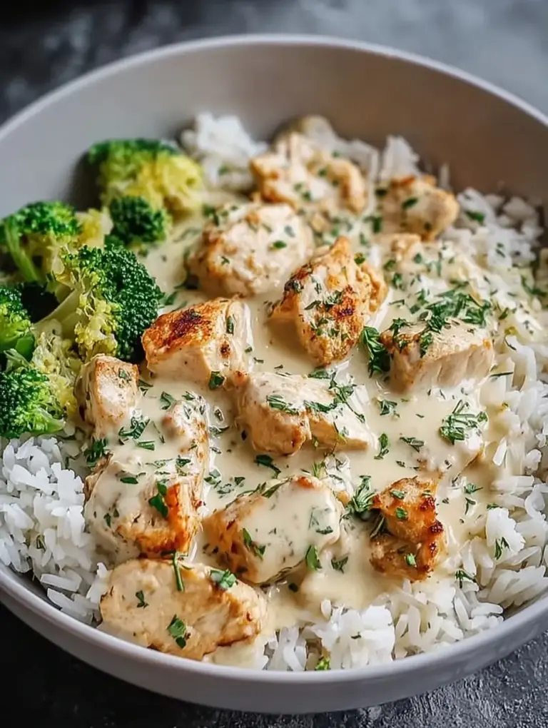 A delicious plate of Creamy Garlic Chicken Rice Bowls Easy and Quick