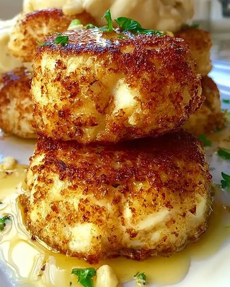 A delicious plate of Golden Jumbo Lump Crab Cakes with Lemon Butter