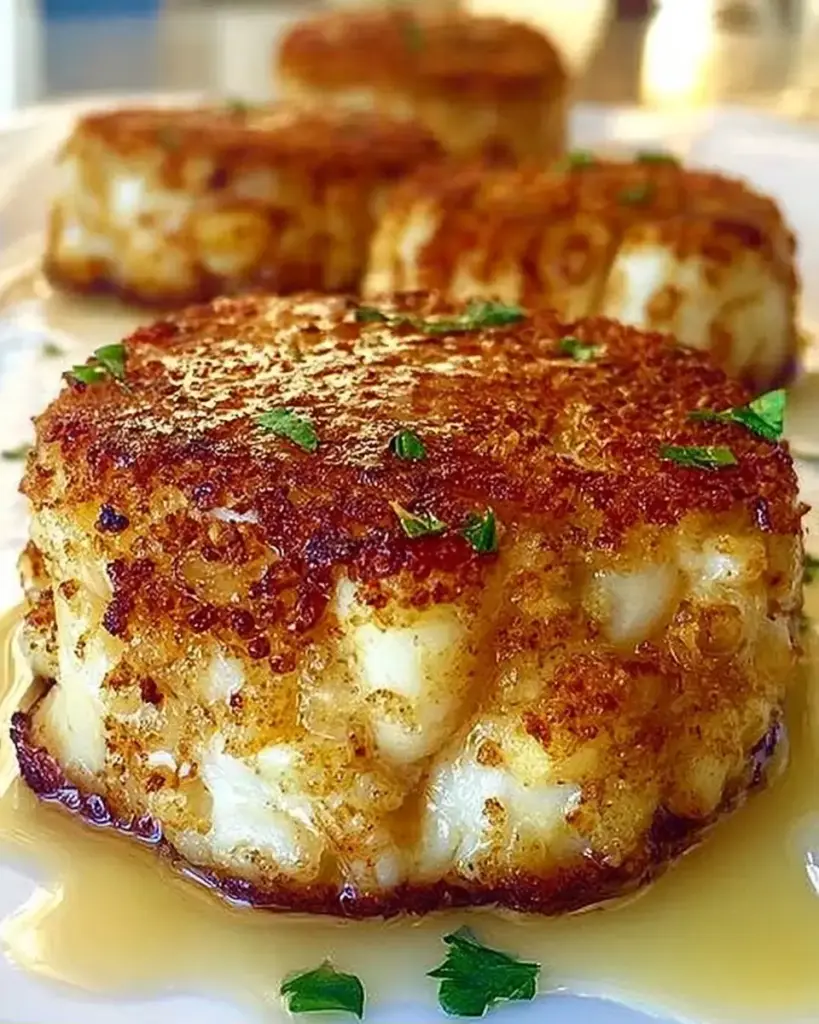 A delicious plate of Golden Jumbo Lump Crab Cakes with Lemon Butter