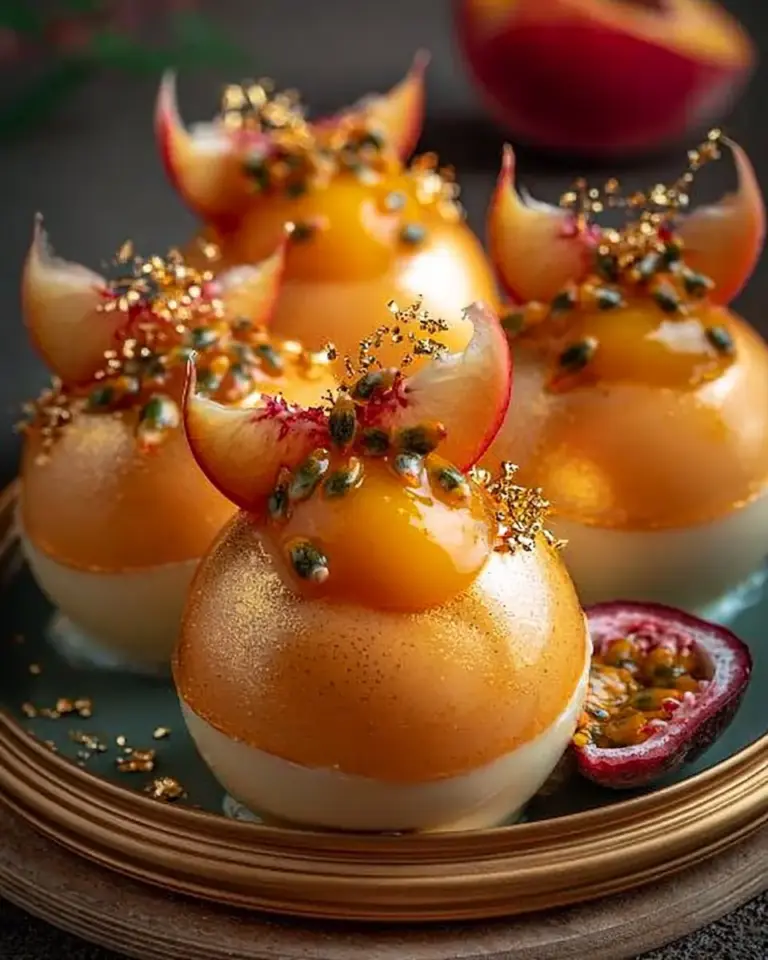A delicious plate of Golden Passionfruit Peach Blossom Spheres