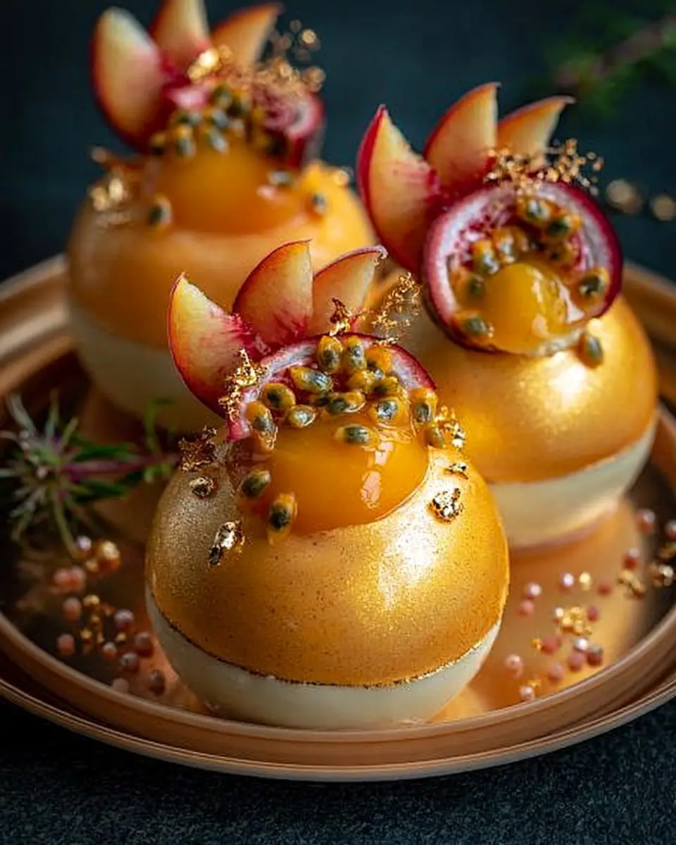 A delicious plate of Golden Passionfruit Peach Blossom Spheres